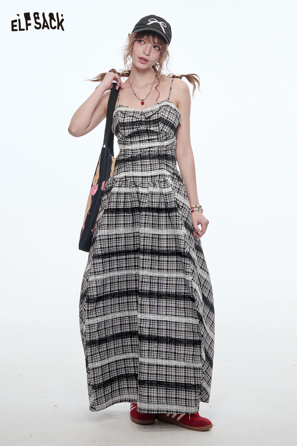 ELFSACK Casual Plaid Lace Splicing Suspender Dress Women Elegant Sleeveless Midi Dresses