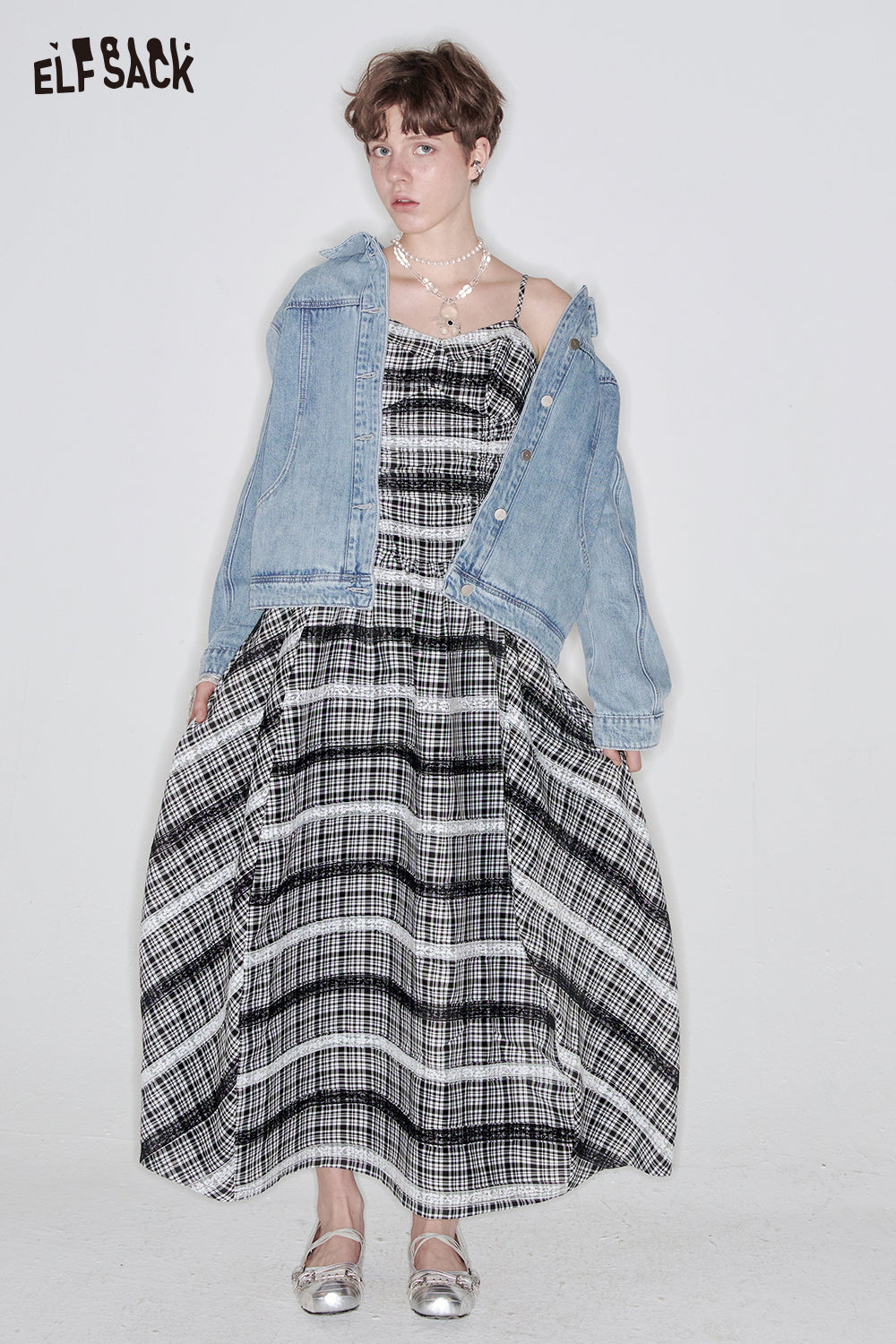 ELFSACK Casual Plaid Lace Splicing Suspender Dress Women Elegant Sleeveless Midi Dresses