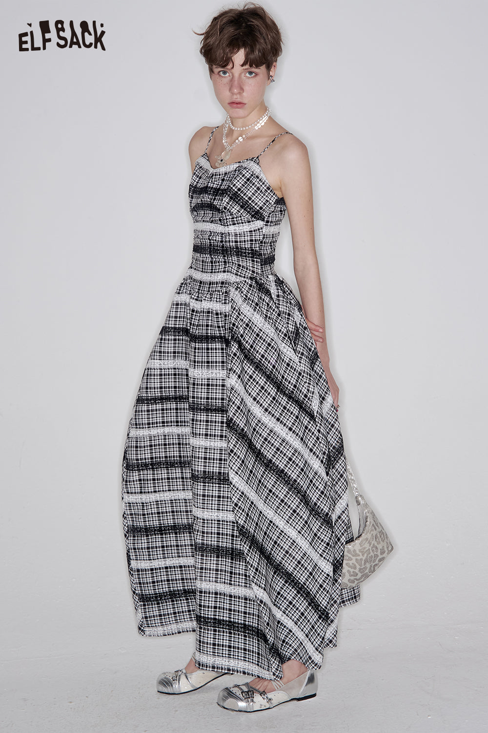 ELFSACK Casual Plaid Lace Splicing Suspender Dress Women Elegant Sleeveless Midi Dresses