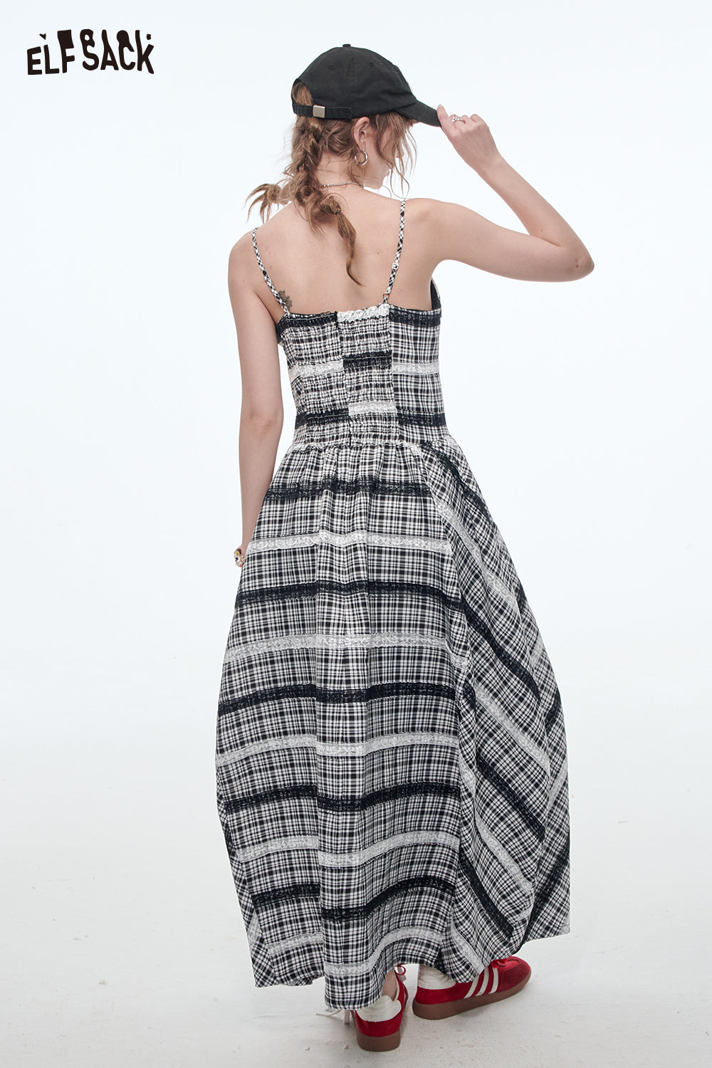 ELFSACK Casual Plaid Lace Splicing Suspender Dress Women Elegant Sleeveless Midi Dresses