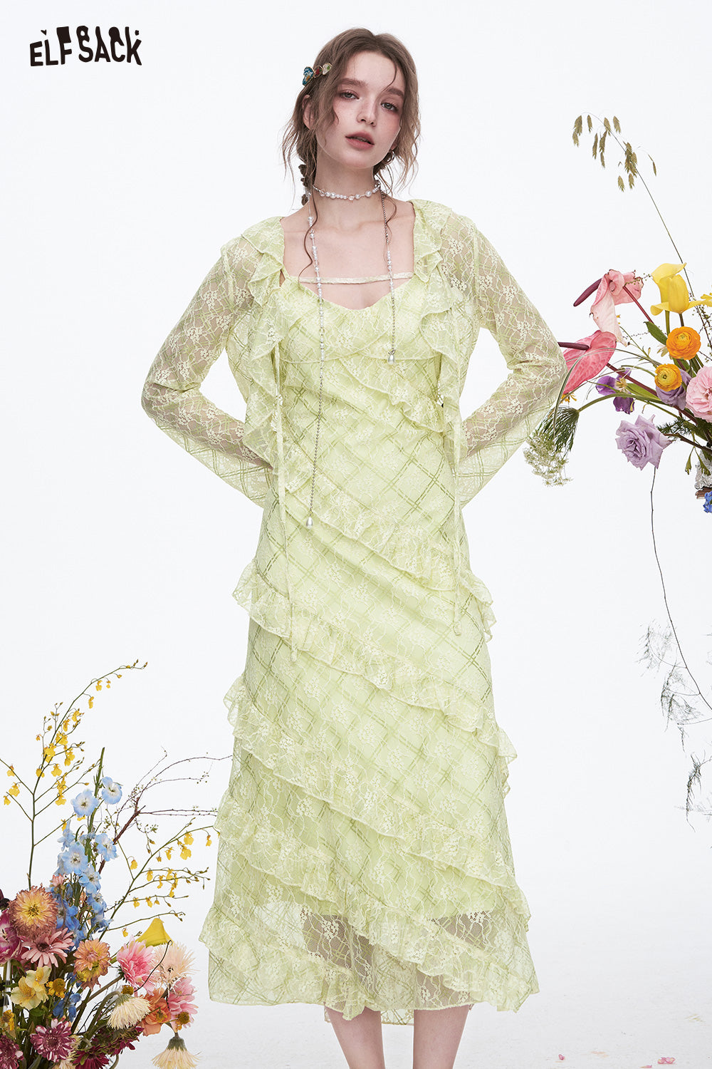 ELFSACK Ruffles Dress Lace Cardigan Slim Fit Elegant Vacation Long Dress Two-piece Set Female