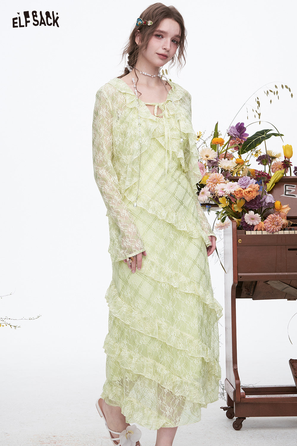 ELFSACK Ruffles Dress Lace Cardigan Slim Fit Elegant Vacation Long Dress Two-piece Set Female