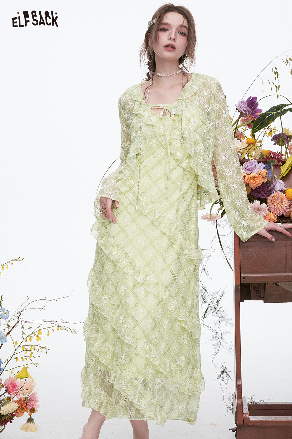 ELFSACK Ruffles Dress Lace Cardigan Slim Fit Elegant Vacation Long Dress Two-piece Set Female