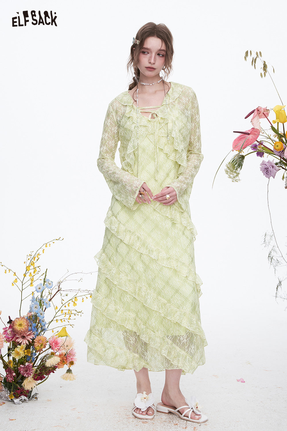 ELFSACK Ruffles Dress Lace Cardigan Slim Fit Elegant Vacation Long Dress Two-piece Set Female