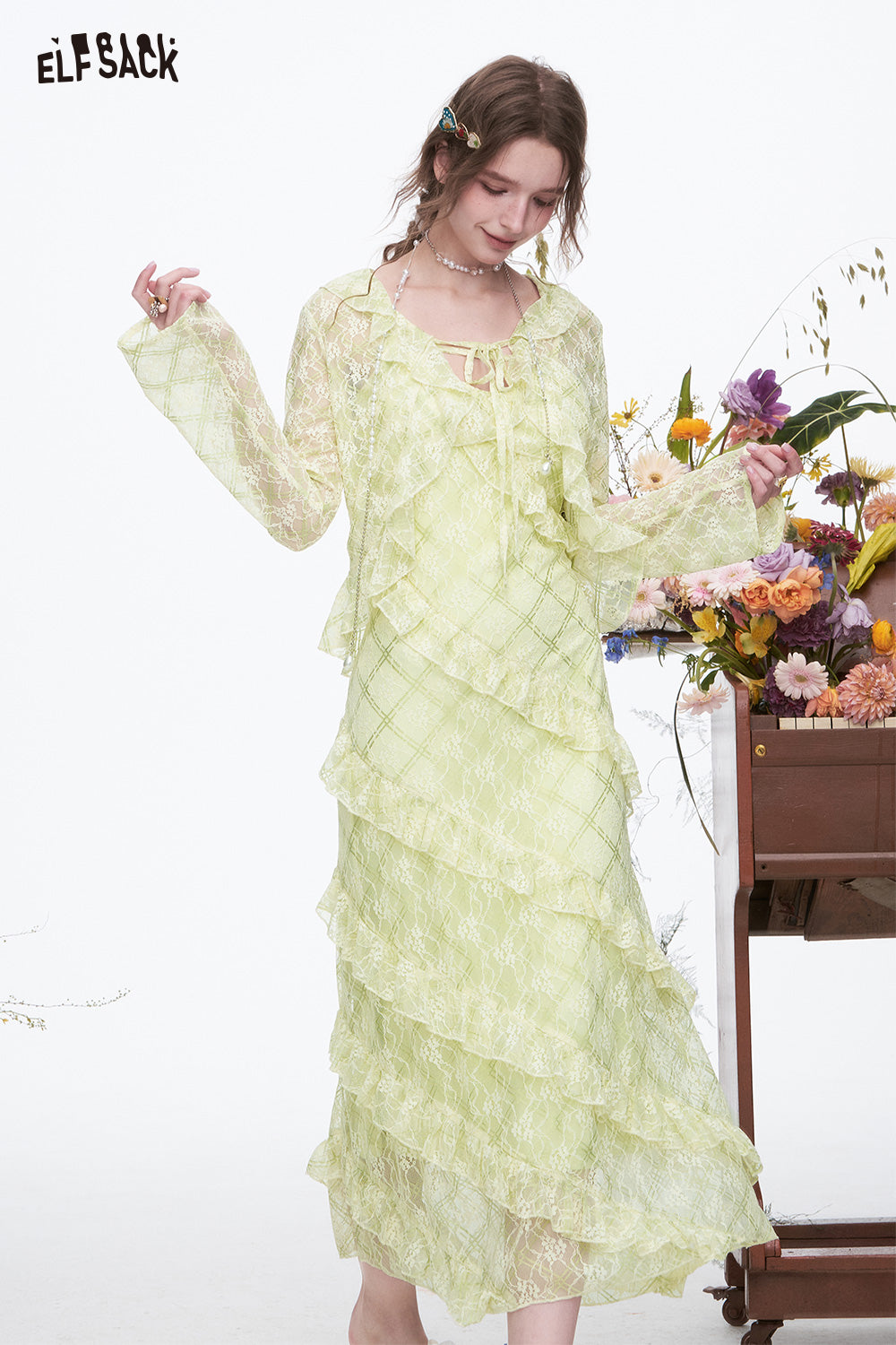 ELFSACK Ruffles Dress Lace Cardigan Slim Fit Elegant Vacation Long Dress Two-piece Set Female