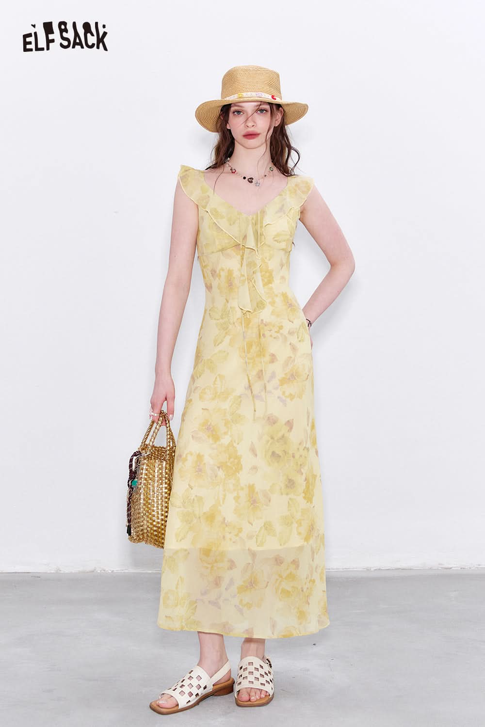 ELFSACK Y2K Vacation V-neck Ruffle Yellow Floral Dress
