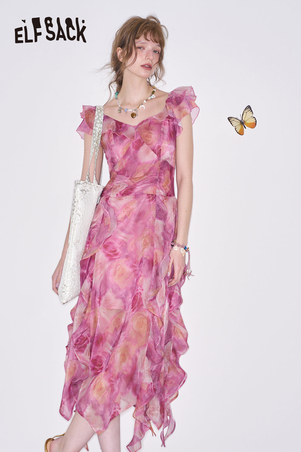 ELFSACK Irregular floral waist cinching vacation dress