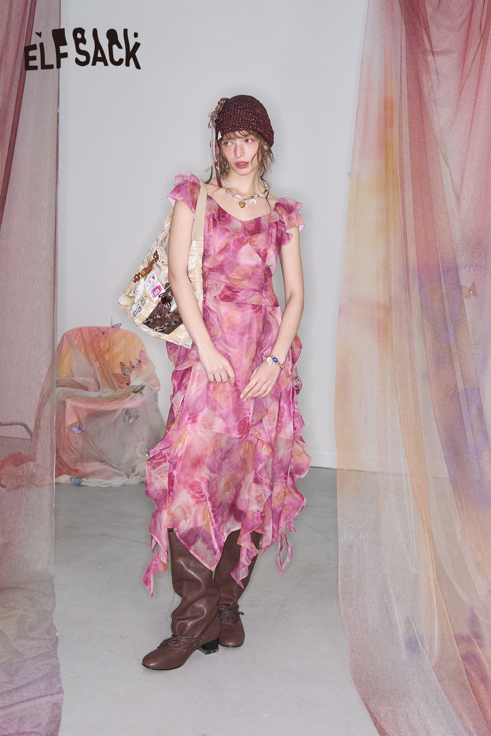 ELFSACK Irregular floral waist cinching vacation dress