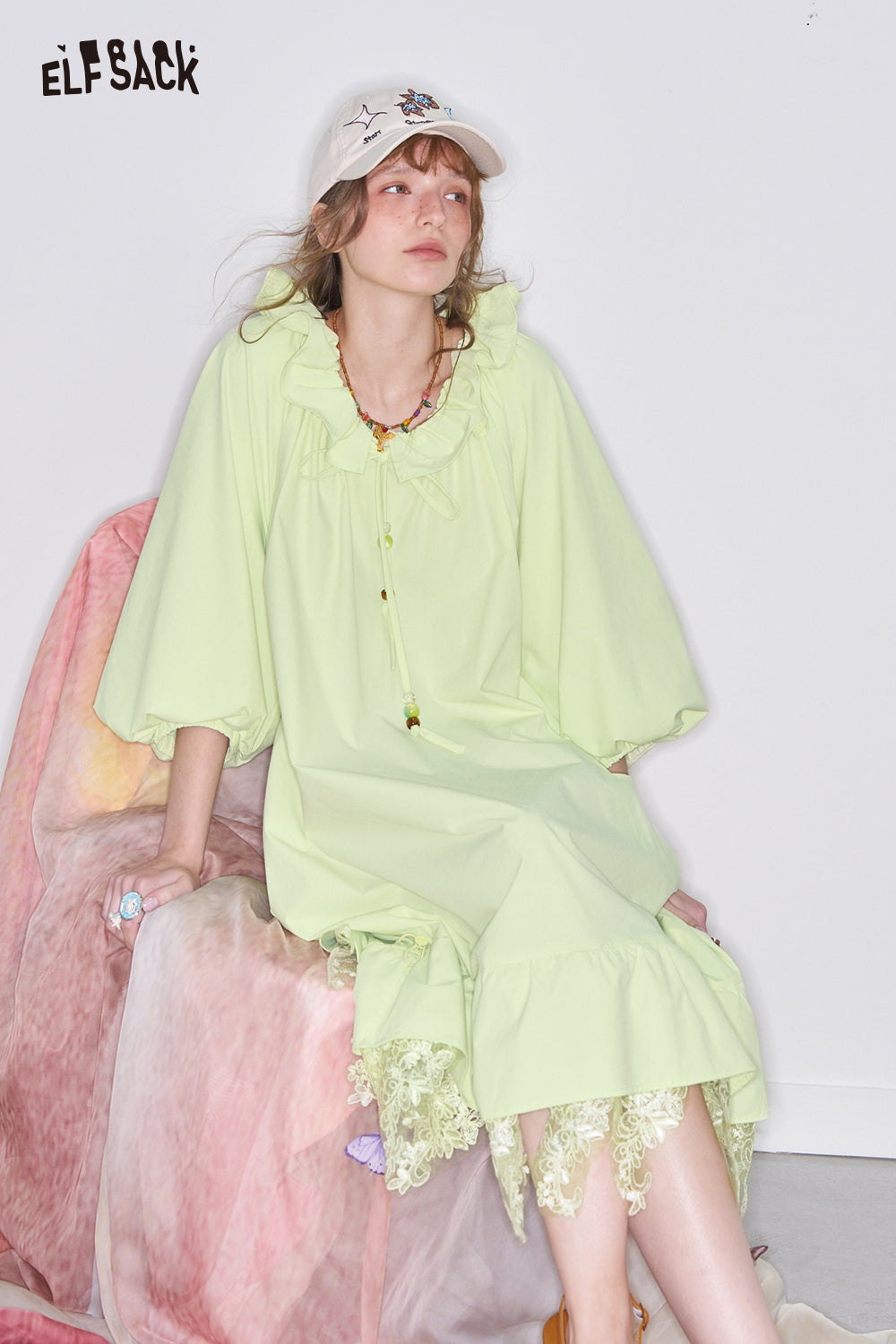 ELFSACK Y2K Sweet Lace Stitching Dress Women Lantern Sleeve Oversize Dress