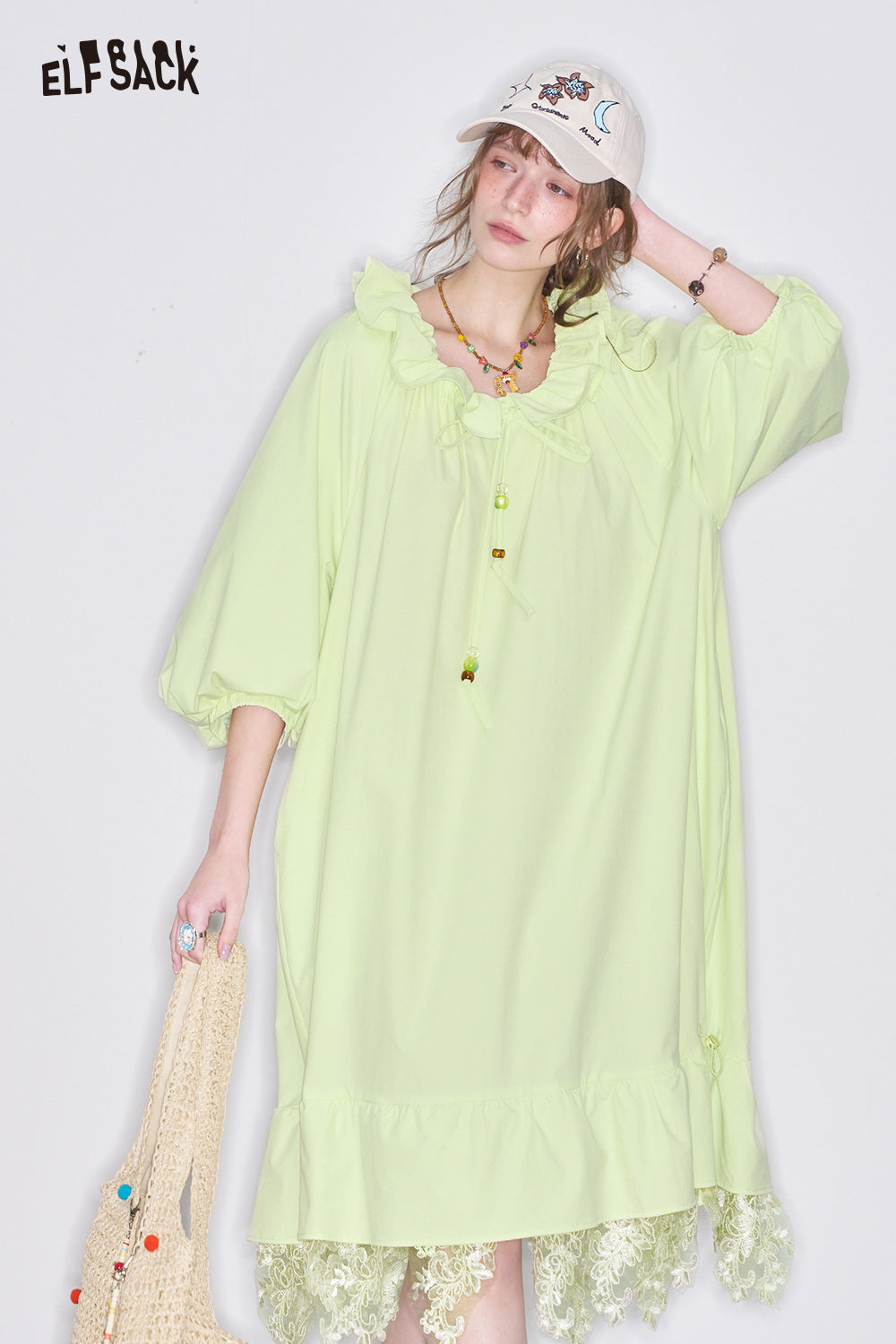 ELFSACK Y2K Sweet Lace Stitching Dress Women Lantern Sleeve Oversize Dress
