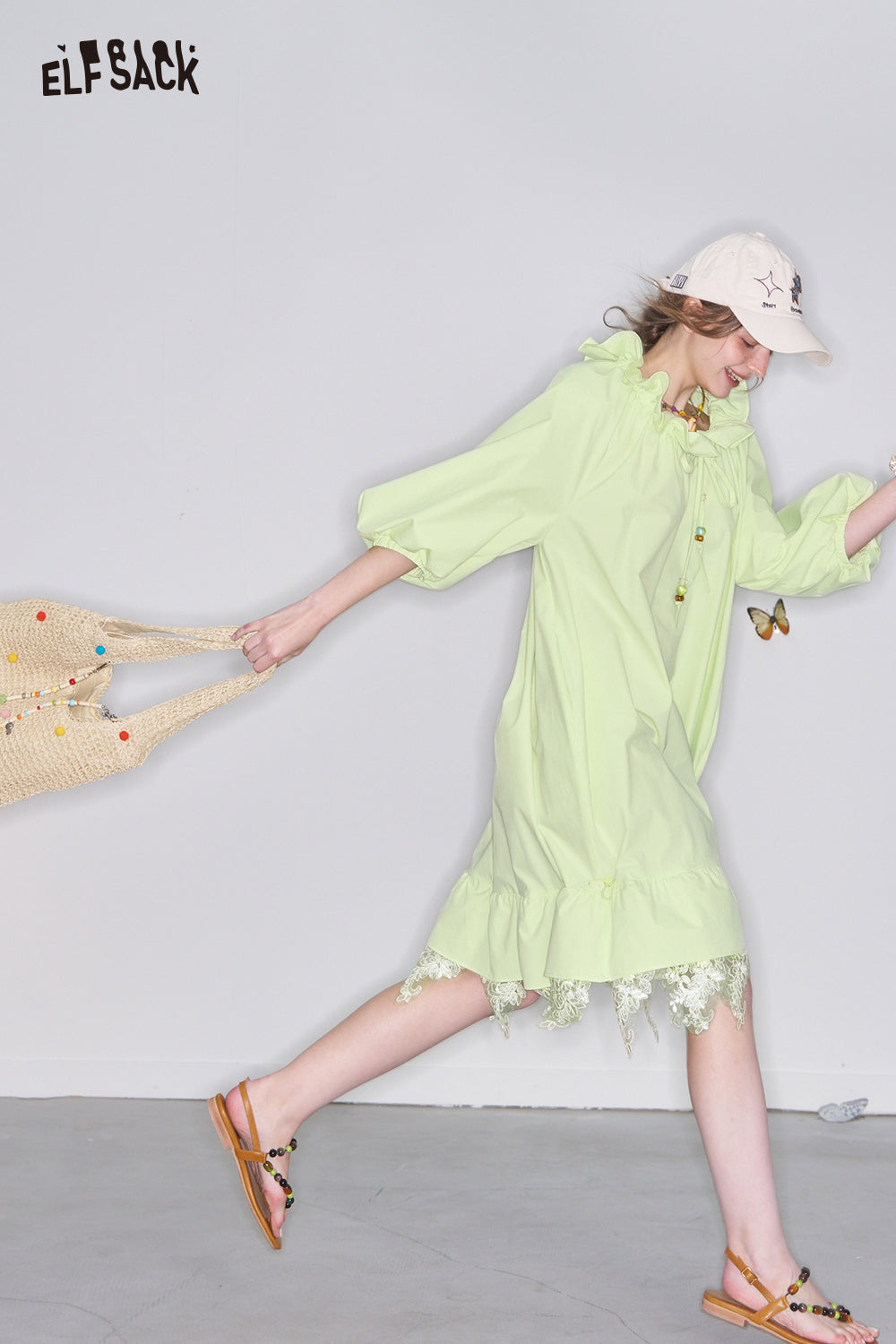 ELFSACK Y2K Sweet Lace Stitching Dress Women Lantern Sleeve Oversize Dress