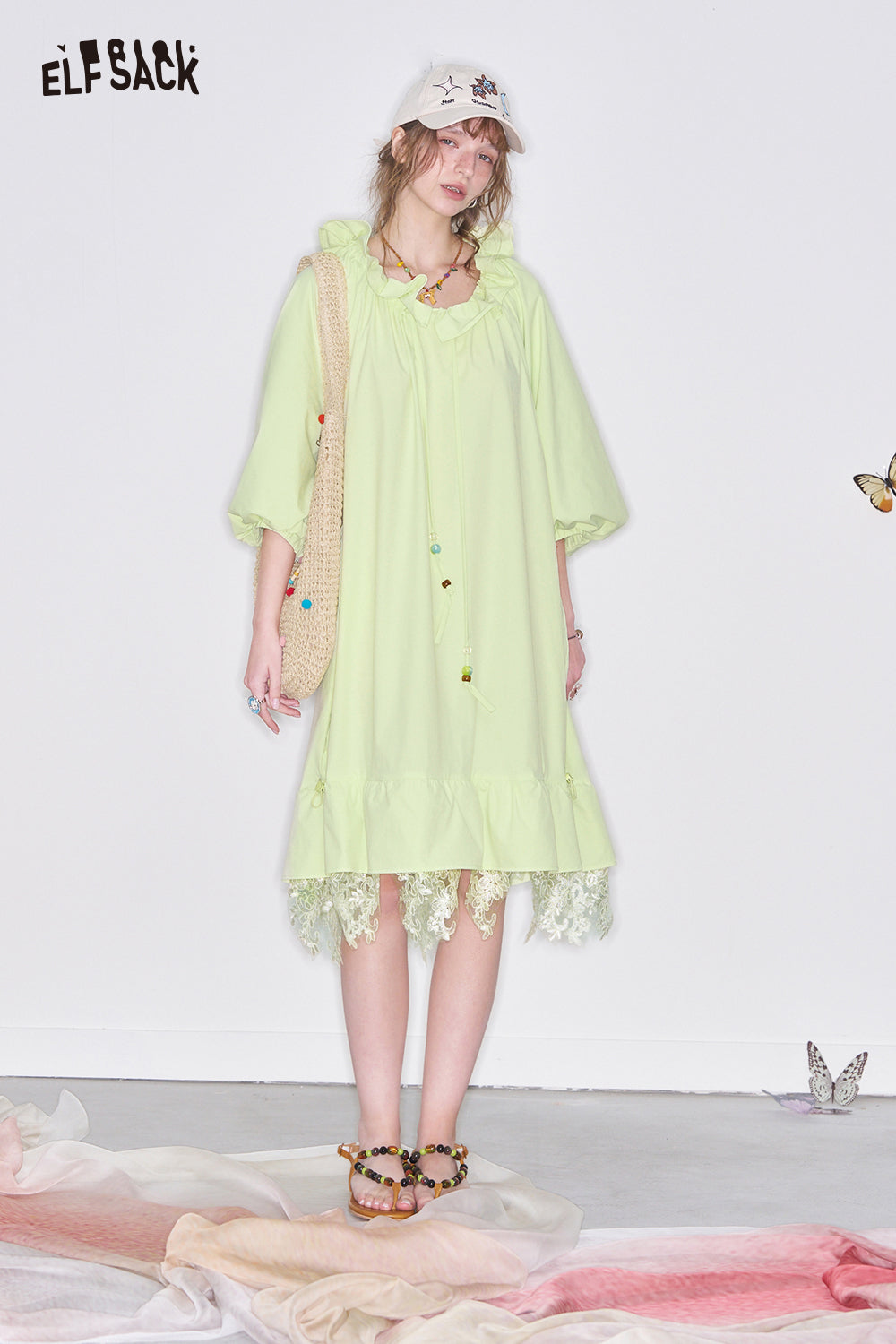 ELFSACK Y2K Sweet Lace Stitching Dress Women Lantern Sleeve Oversize Dress