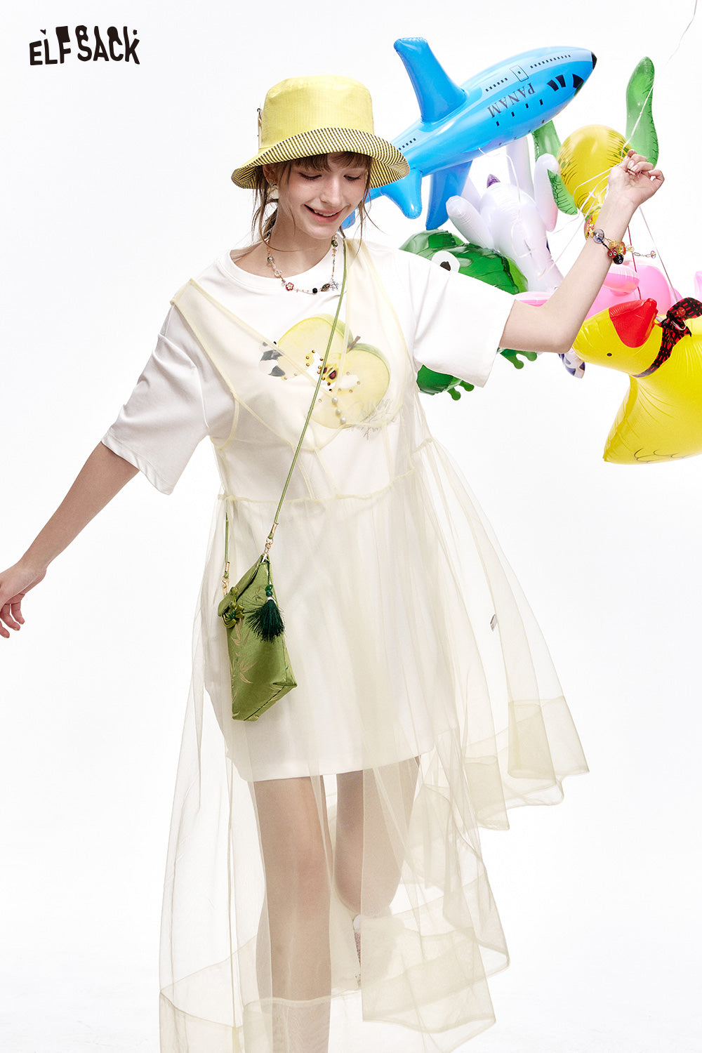 ELFSACK Mesh splicing loose T-shirt loose dress