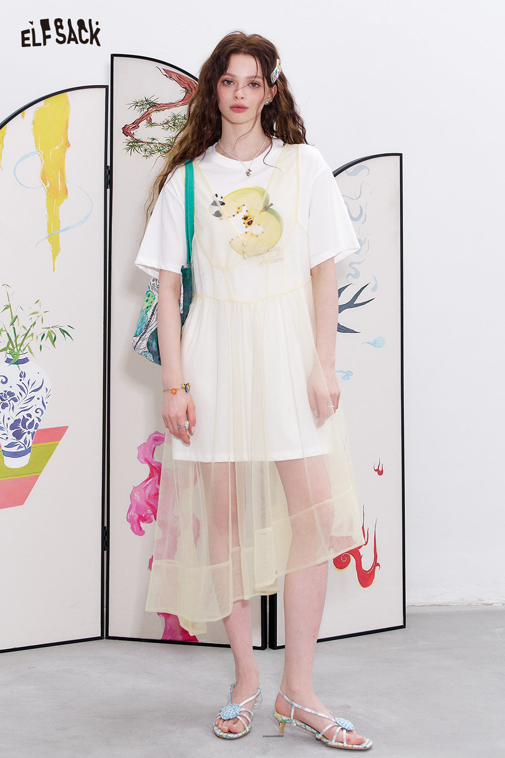 ELFSACK Mesh splicing loose T-shirt loose dress
