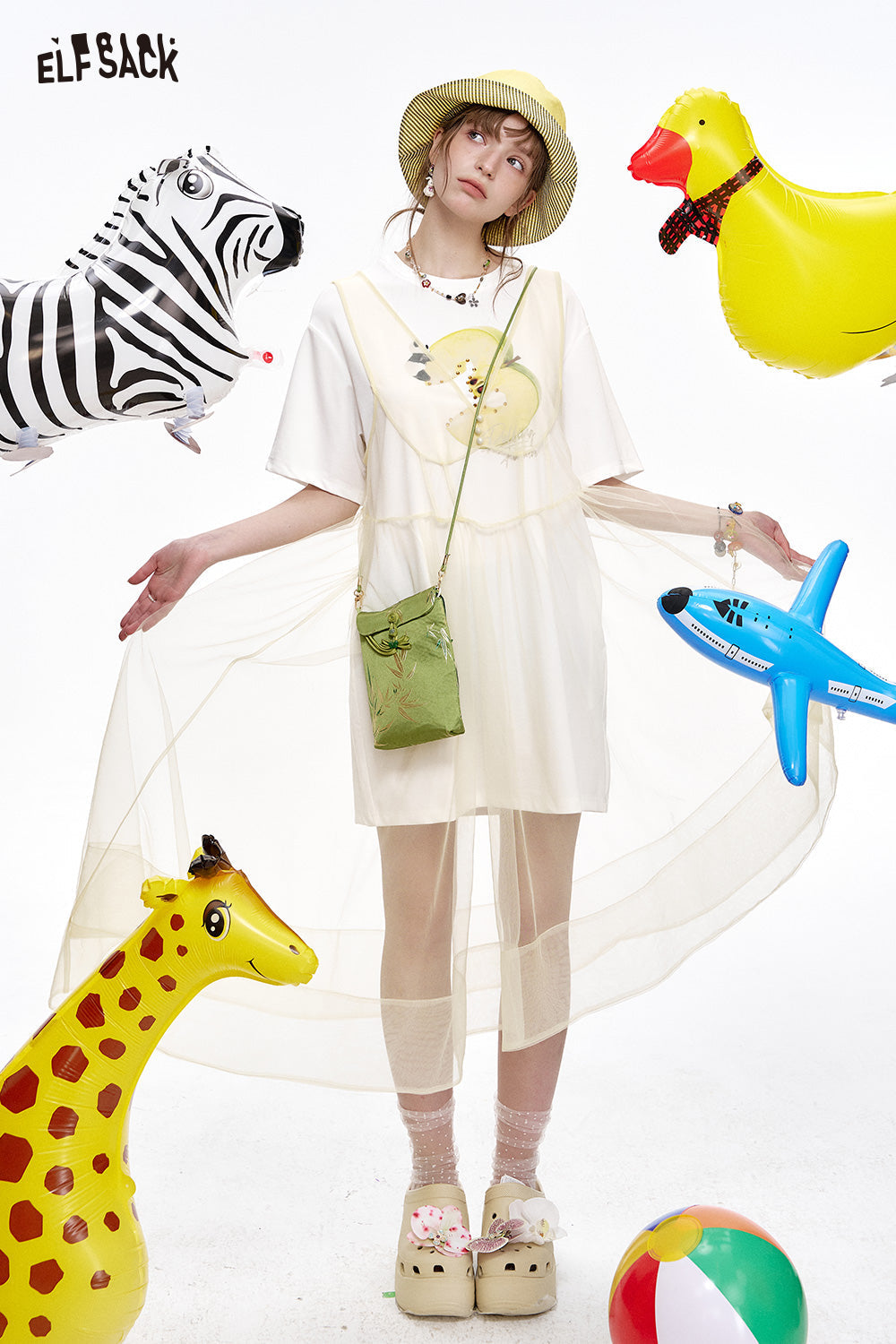 ELFSACK Mesh splicing loose T-shirt loose dress