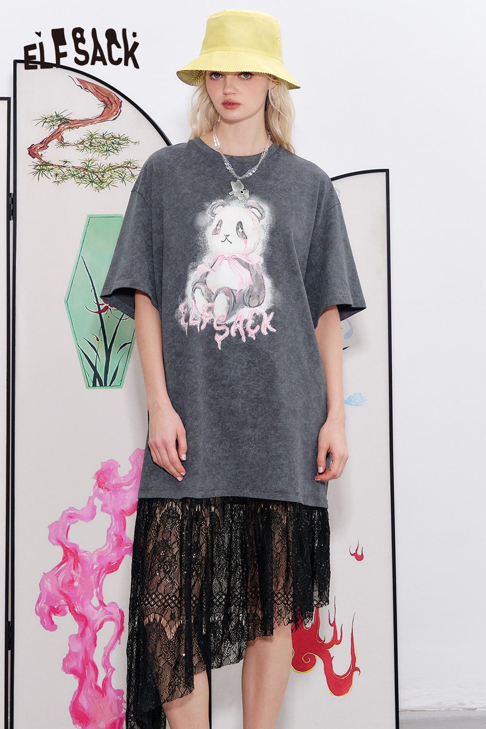ELFSACK Lace patchwork printed loose T-shirt dress
