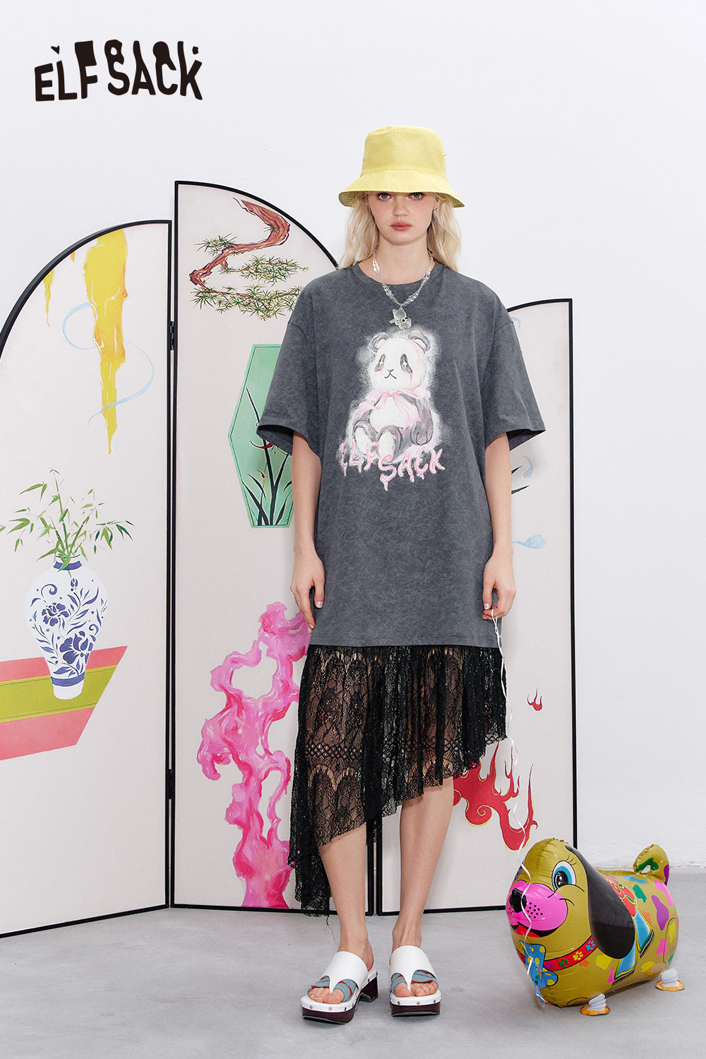 ELFSACK Lace patchwork printed loose T-shirt dress