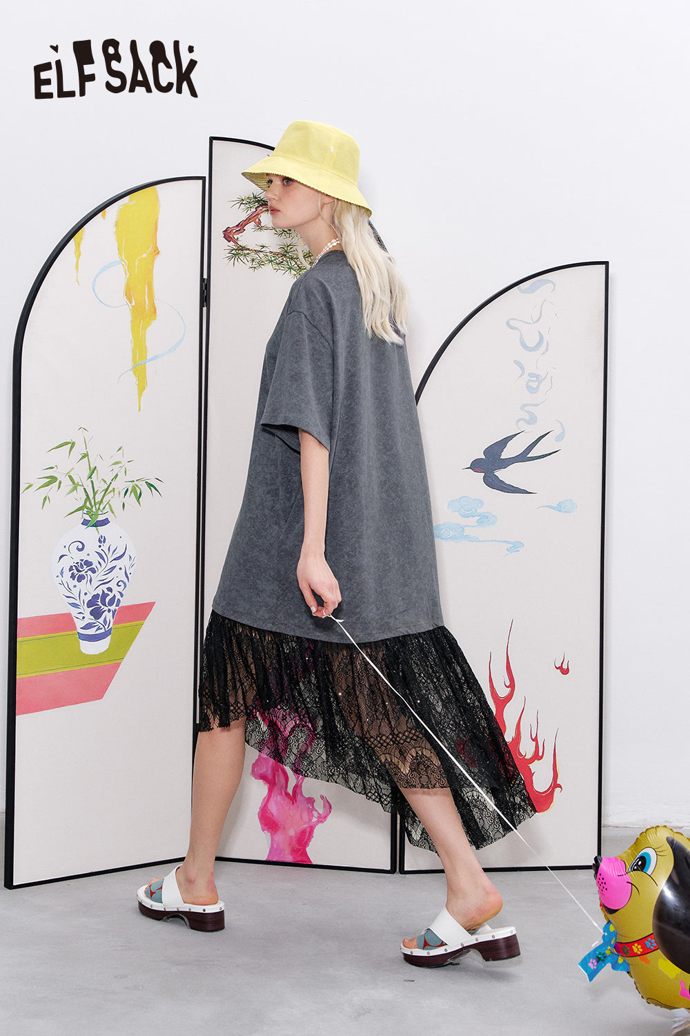 ELFSACK Lace patchwork printed loose T-shirt dress