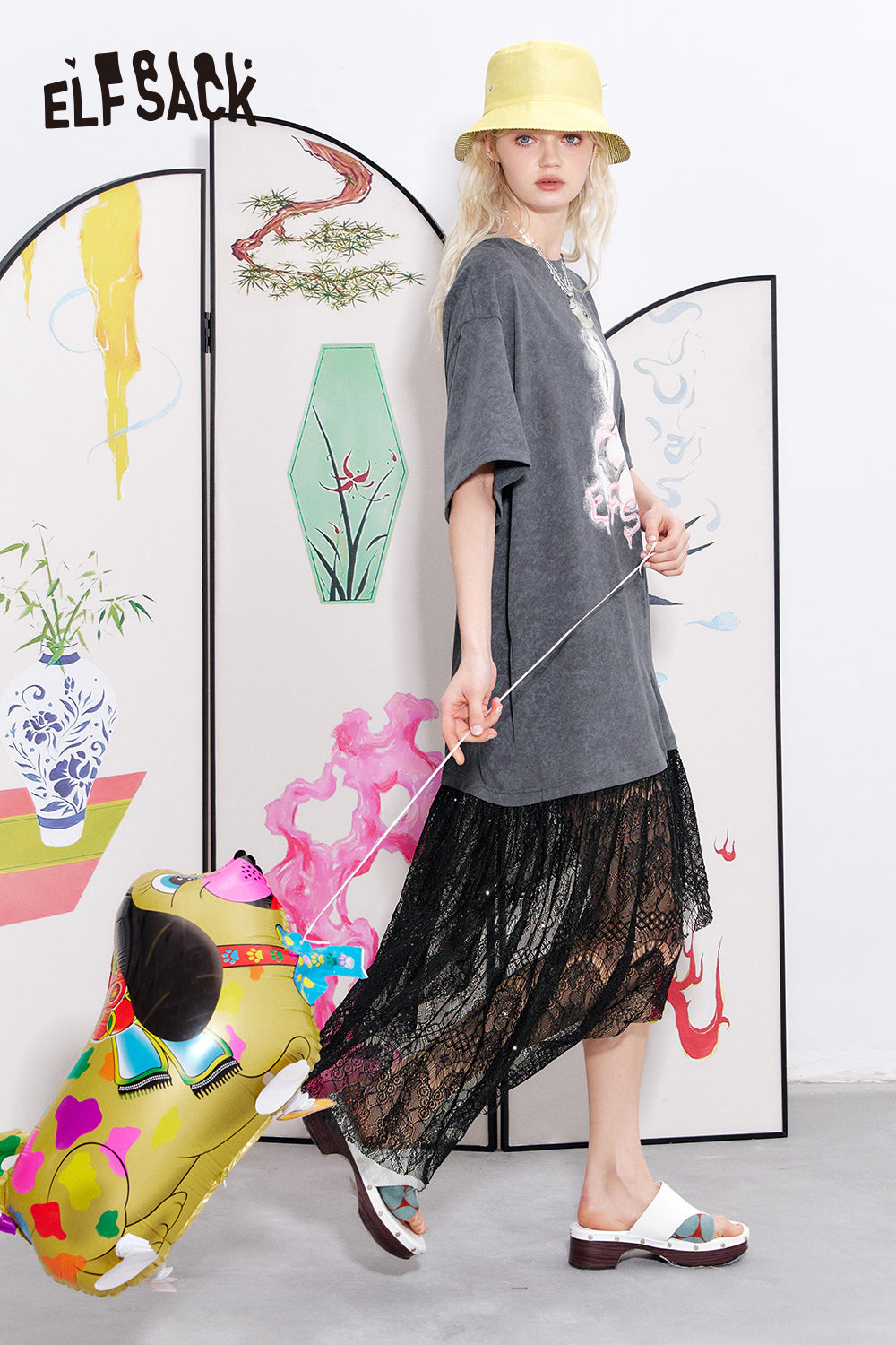ELFSACK Lace patchwork printed loose T-shirt dress