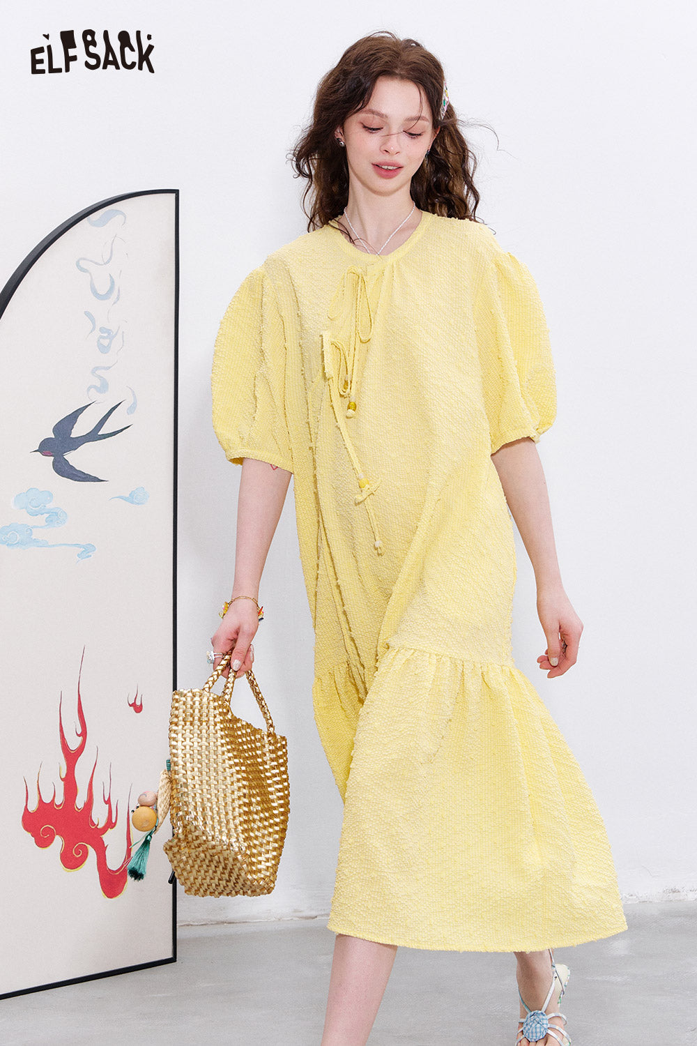 ELFSACK French court style bubble sleeve dress, feminine vacation princess dress