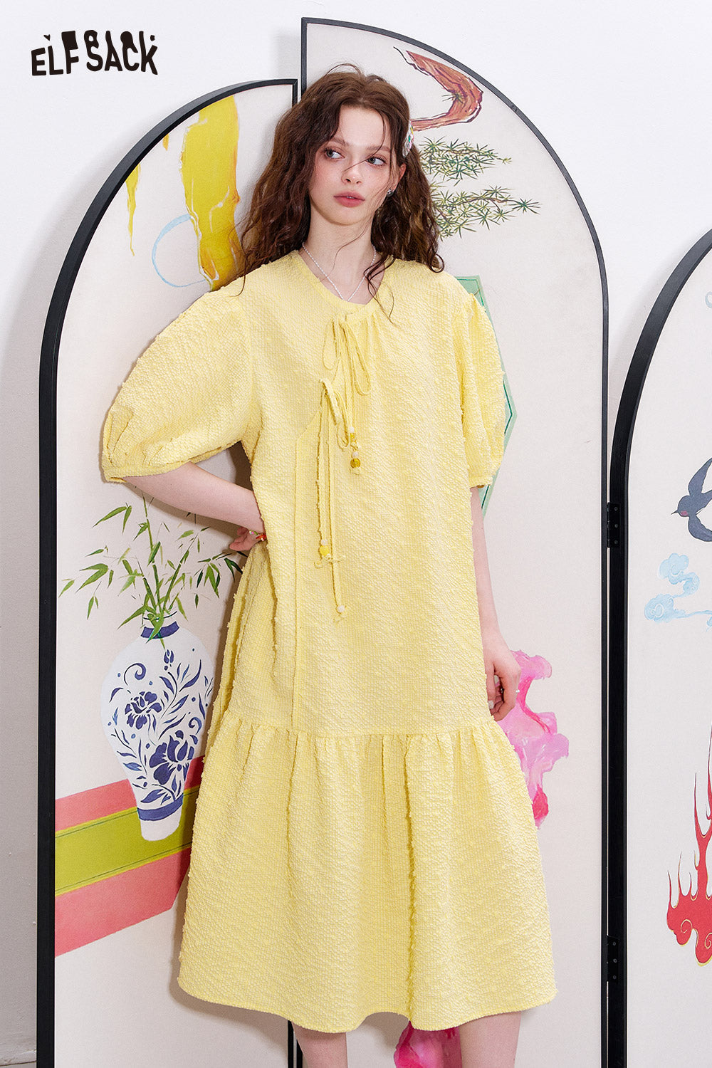 ELFSACK French court style bubble sleeve dress, feminine vacation princess dress