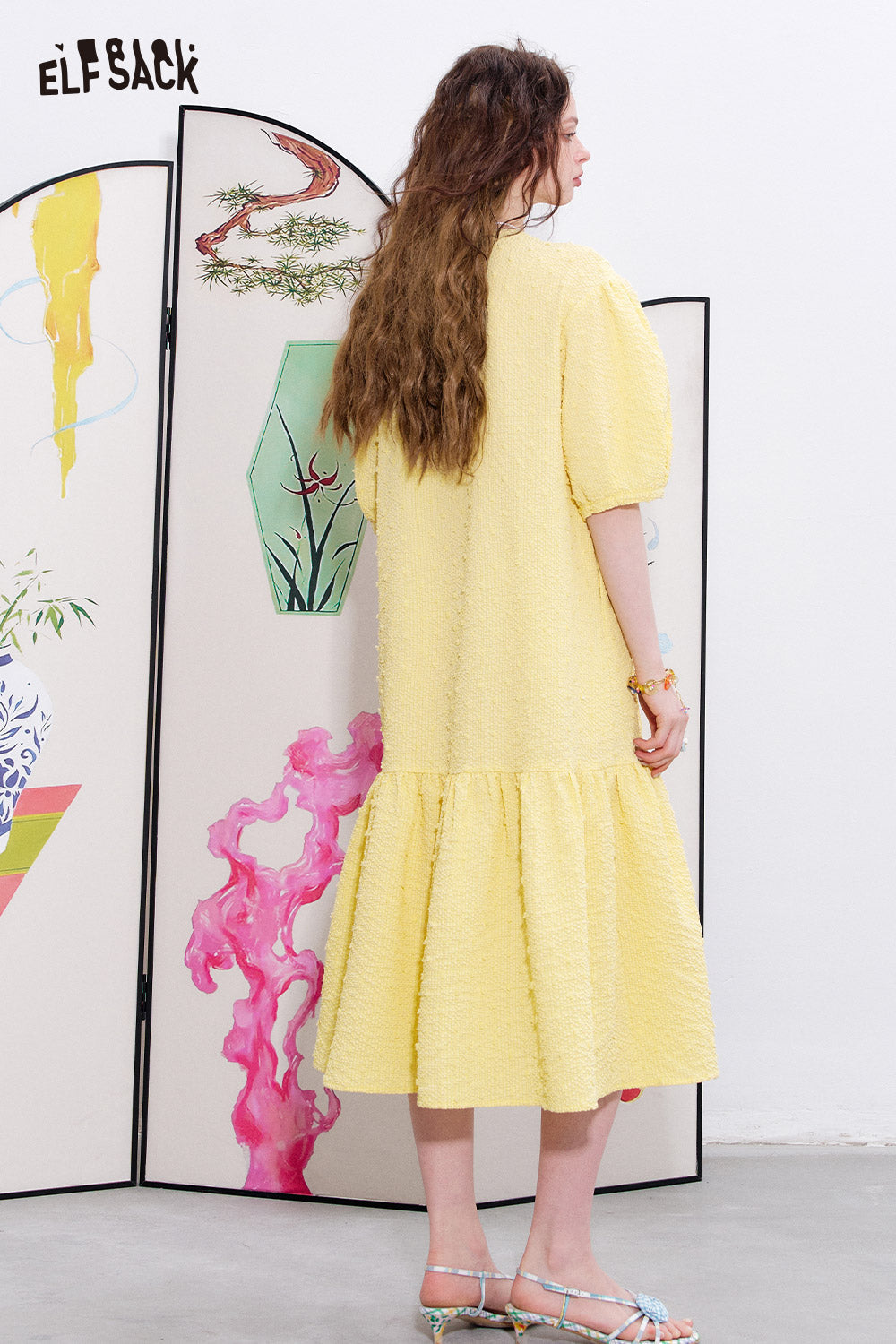 ELFSACK French court style bubble sleeve dress, feminine vacation princess dress