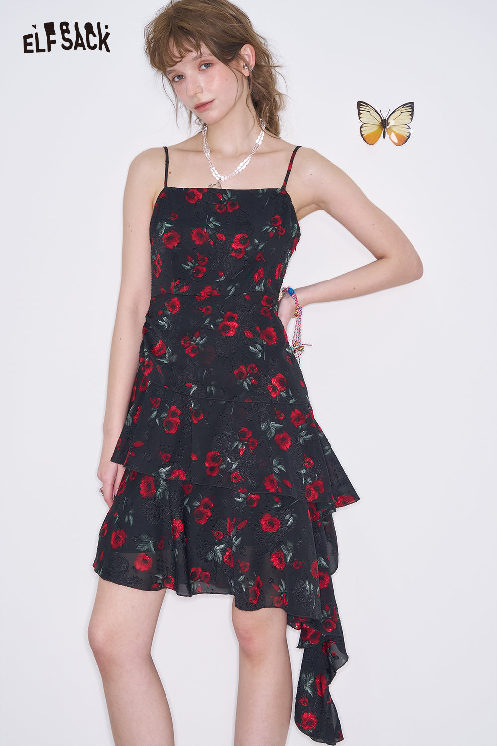 ELFSACK Sweet Cool Black Floral Strap Dresses Women's Asymmetrical Pleated Ruffles Short Dress