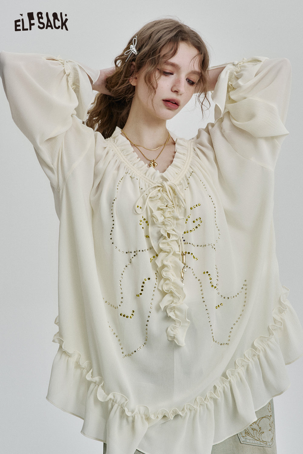 ELFSACK Elegant bow diamond lace chiffon shirt women retro pleated loose top