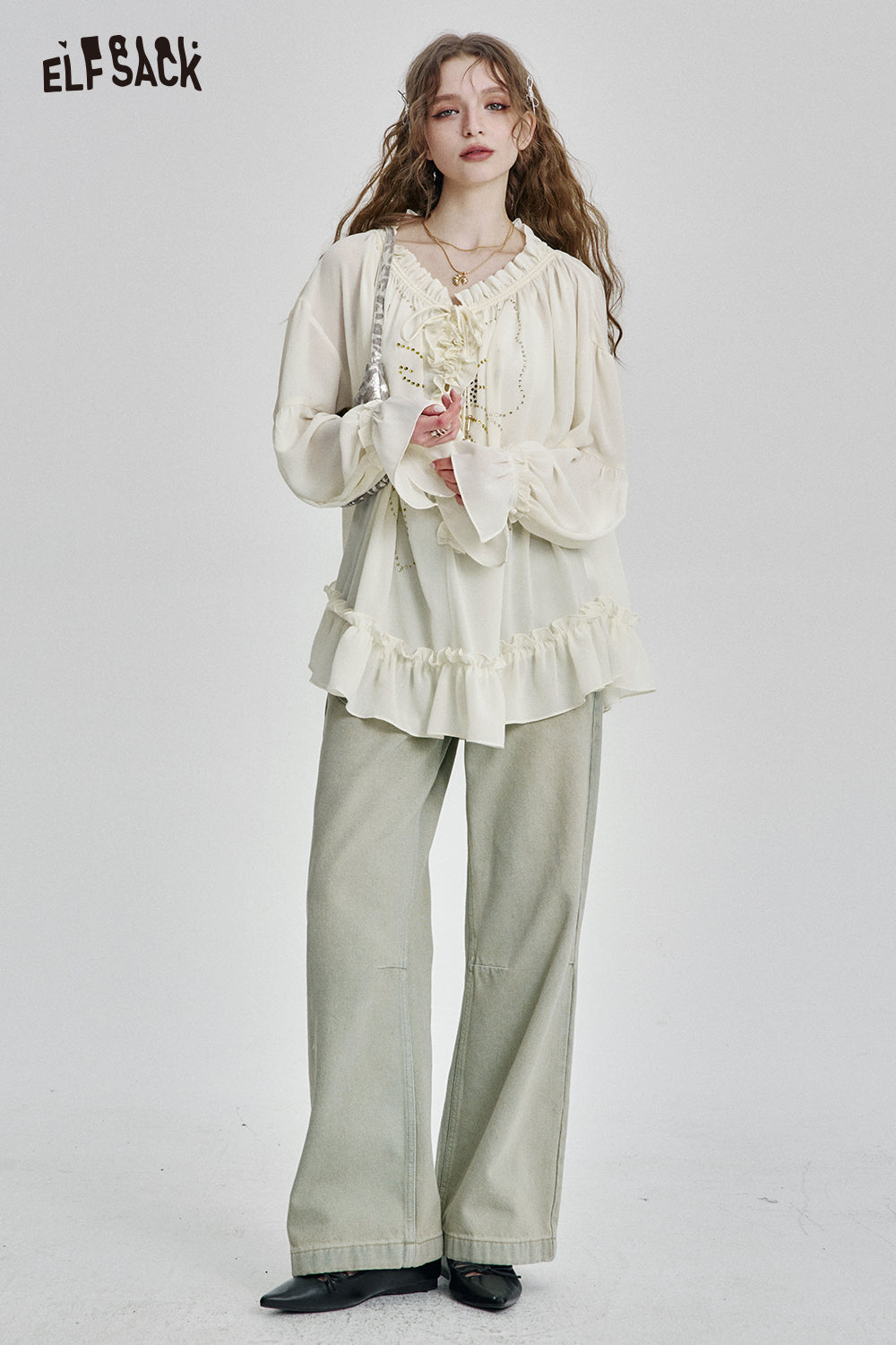 ELFSACK Elegant bow diamond lace chiffon shirt women retro pleated loose top