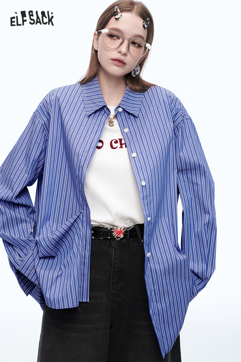 ELFSACK Dopamine long sleeve loose striped solid shirt