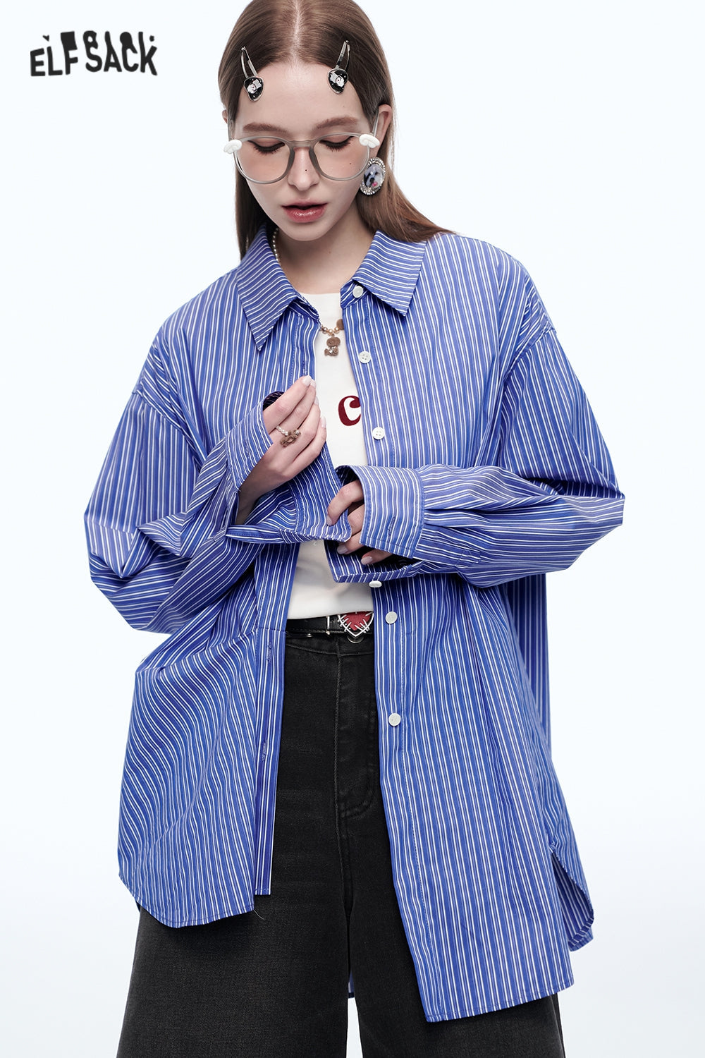 ELFSACK Dopamine long sleeve loose striped solid shirt