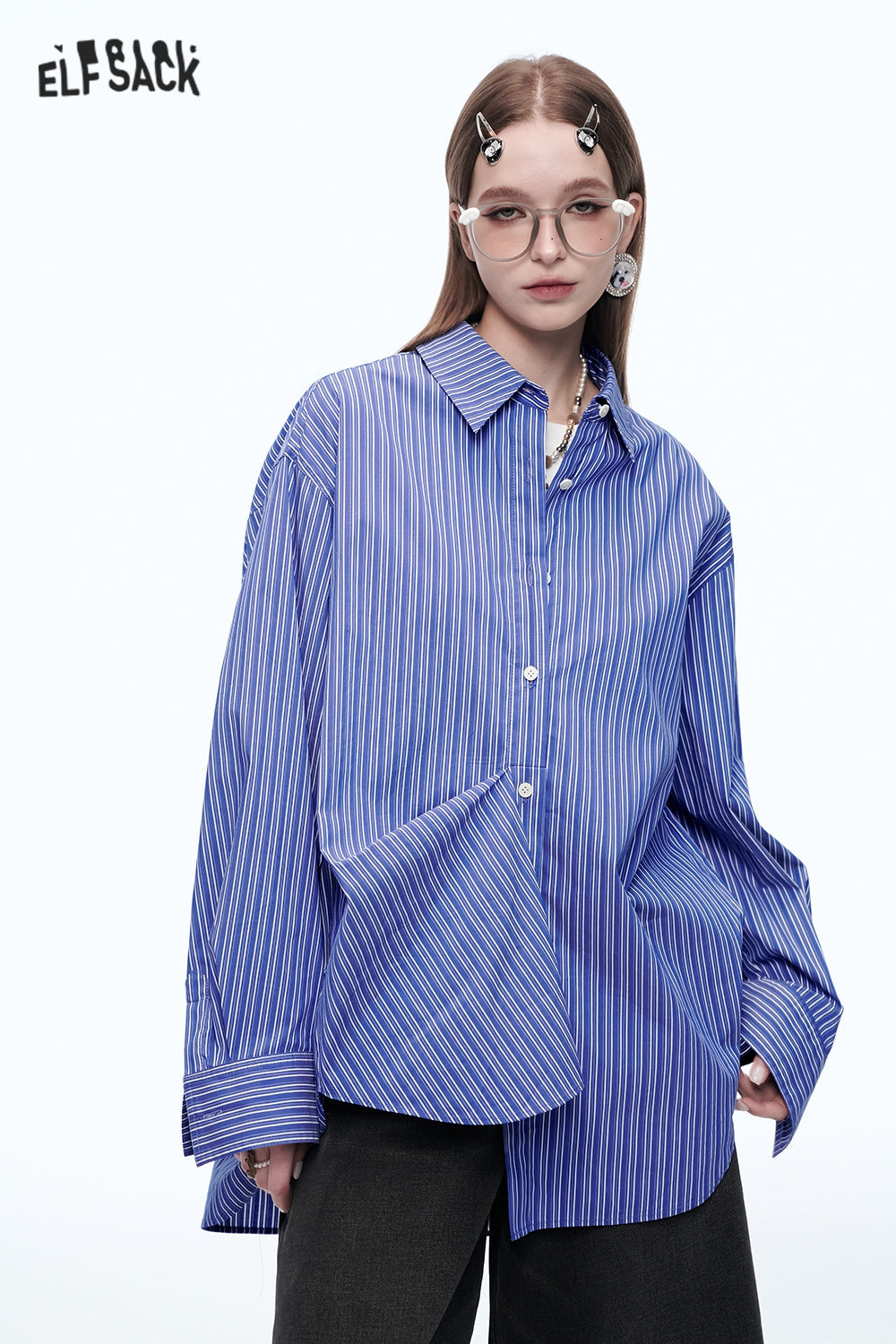 ELFSACK Dopamine long sleeve loose striped solid shirt