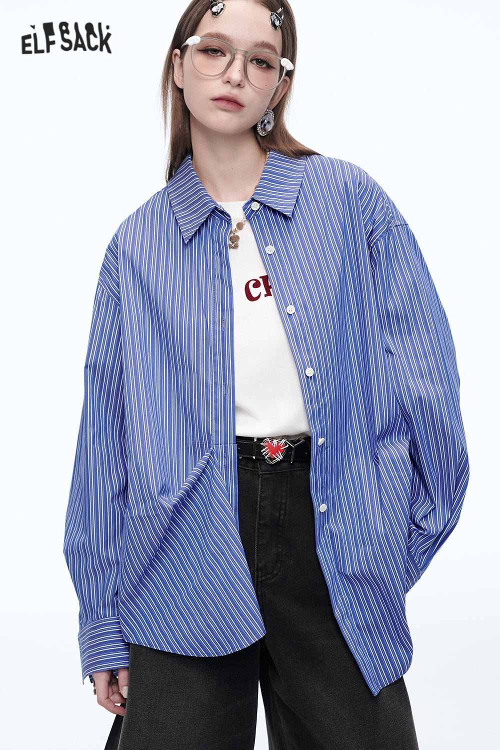 ELFSACK Dopamine long sleeve loose striped solid shirt