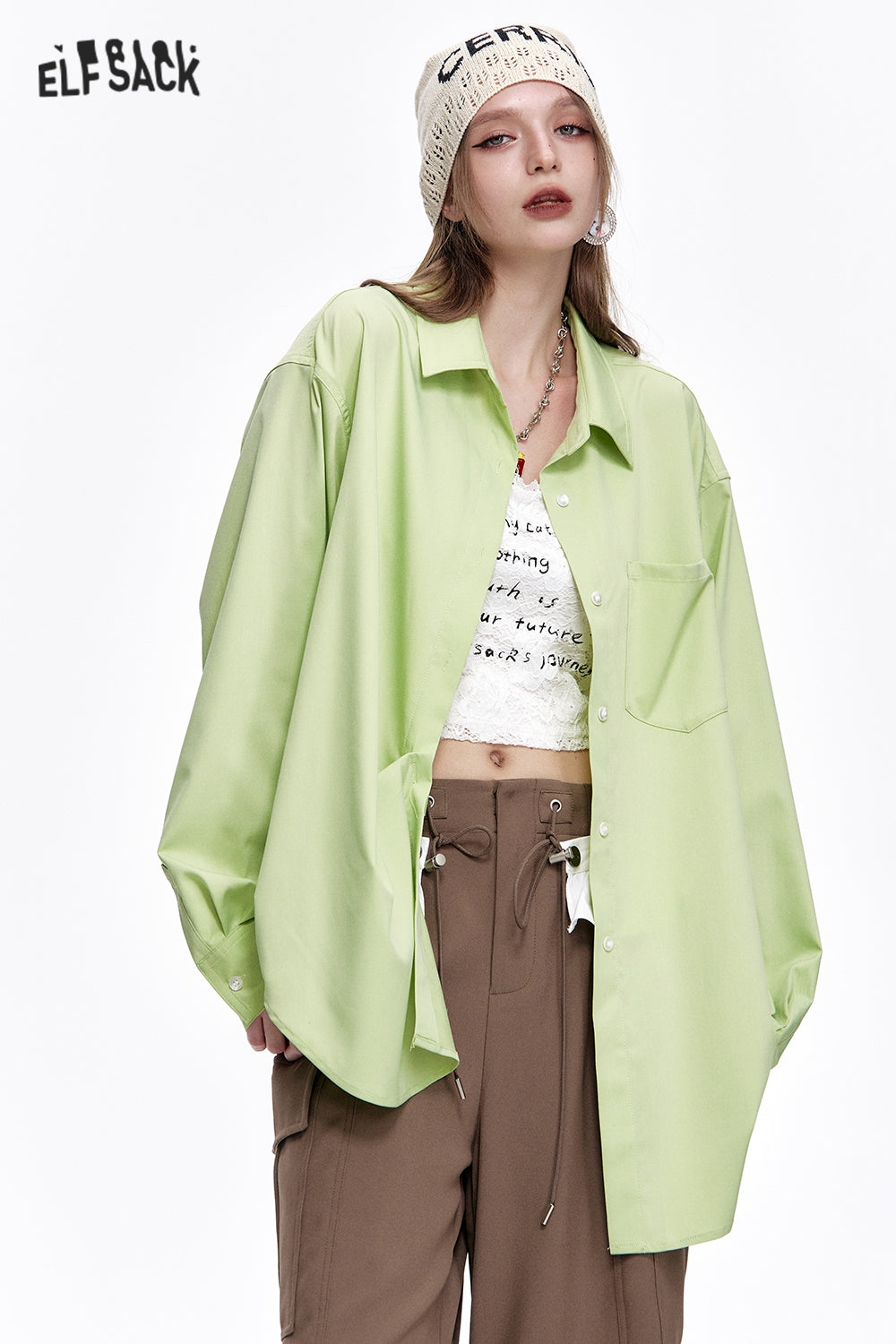 ELFSACK Dopamine long sleeve loose striped solid shirt