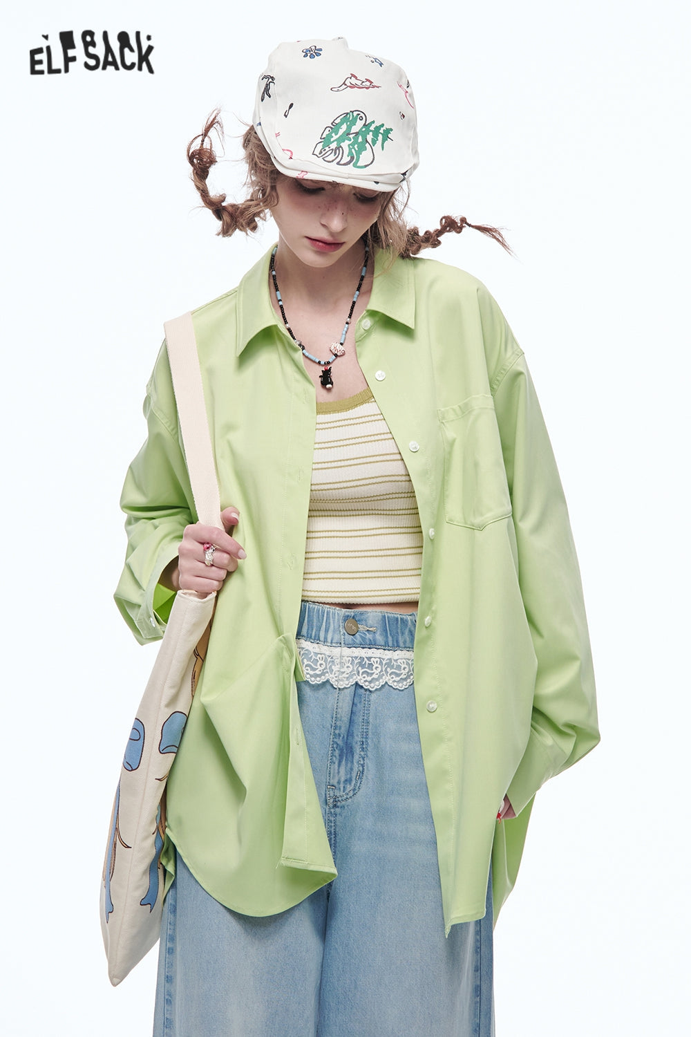 ELFSACK Dopamine long sleeve loose striped solid shirt