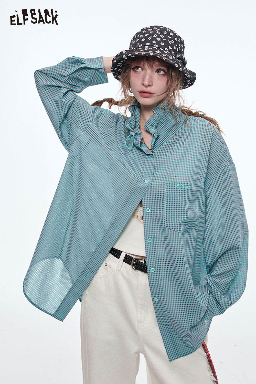 ELFSACK Sweet Plaid Long Sleeve Shirt Women Drawstring Pleated POLO Collar Top