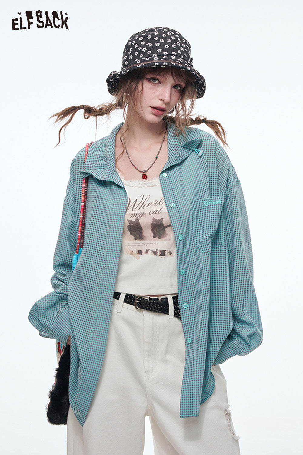 ELFSACK Sweet Plaid Long Sleeve Shirt Women Drawstring Pleated POLO Collar Top