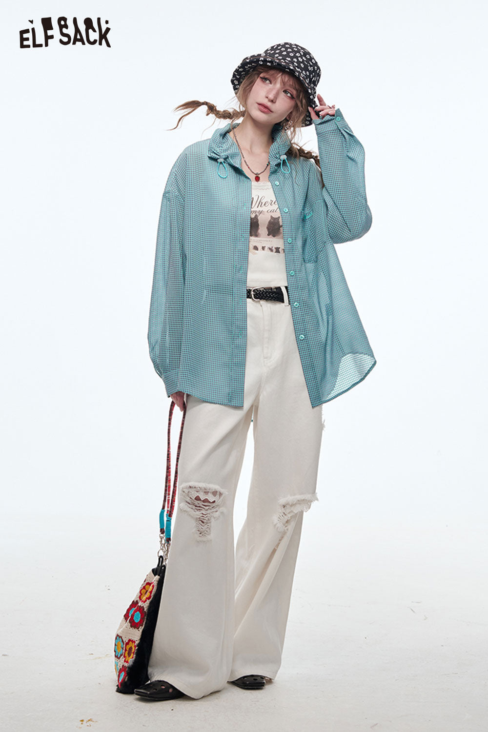 ELFSACK Sweet Plaid Long Sleeve Shirt Women Drawstring Pleated POLO Collar Top