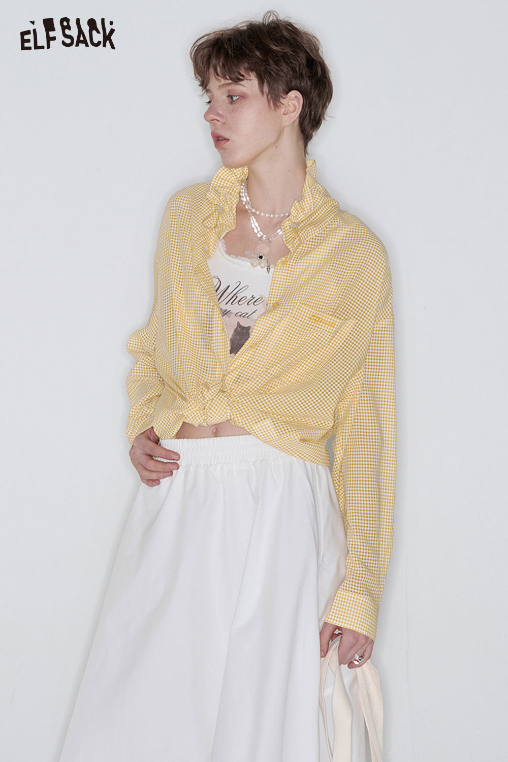 ELFSACK Sweet Plaid Long Sleeve Shirt Women Drawstring Pleated POLO Collar Top