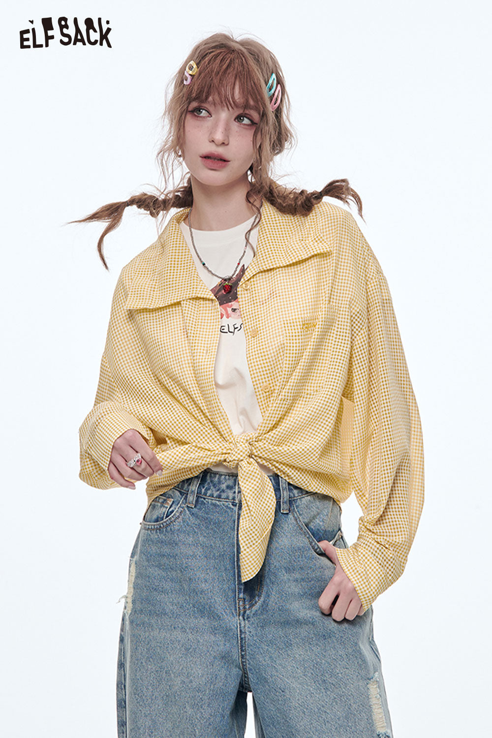 ELFSACK Sweet Plaid Long Sleeve Shirt Women Drawstring Pleated POLO Collar Top