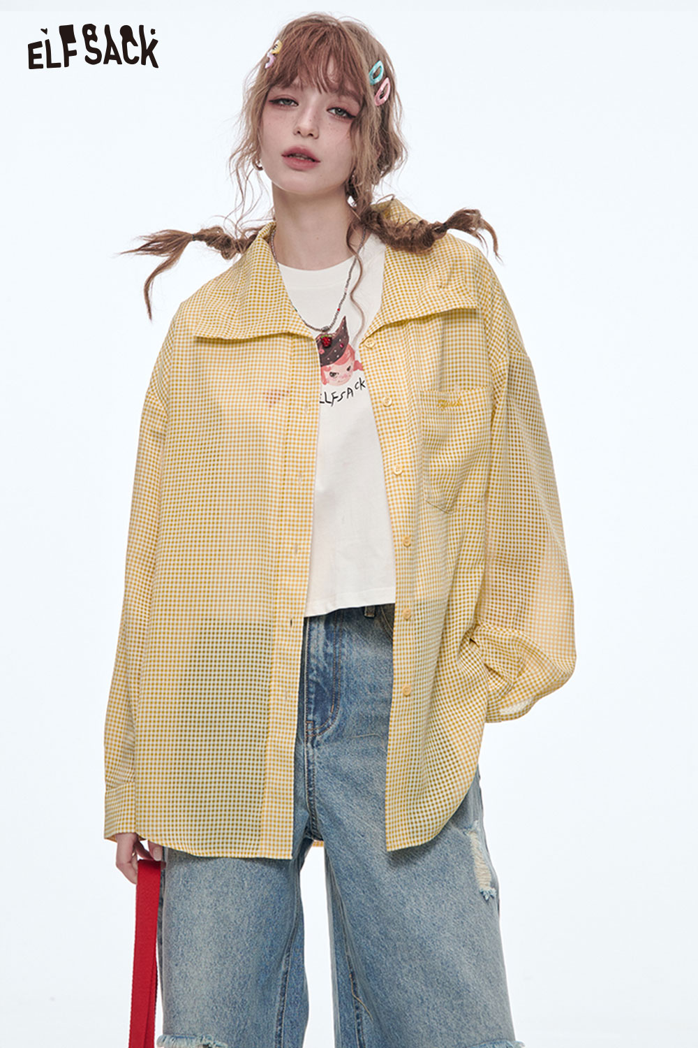 ELFSACK Sweet Plaid Long Sleeve Shirt Women Drawstring Pleated POLO Collar Top