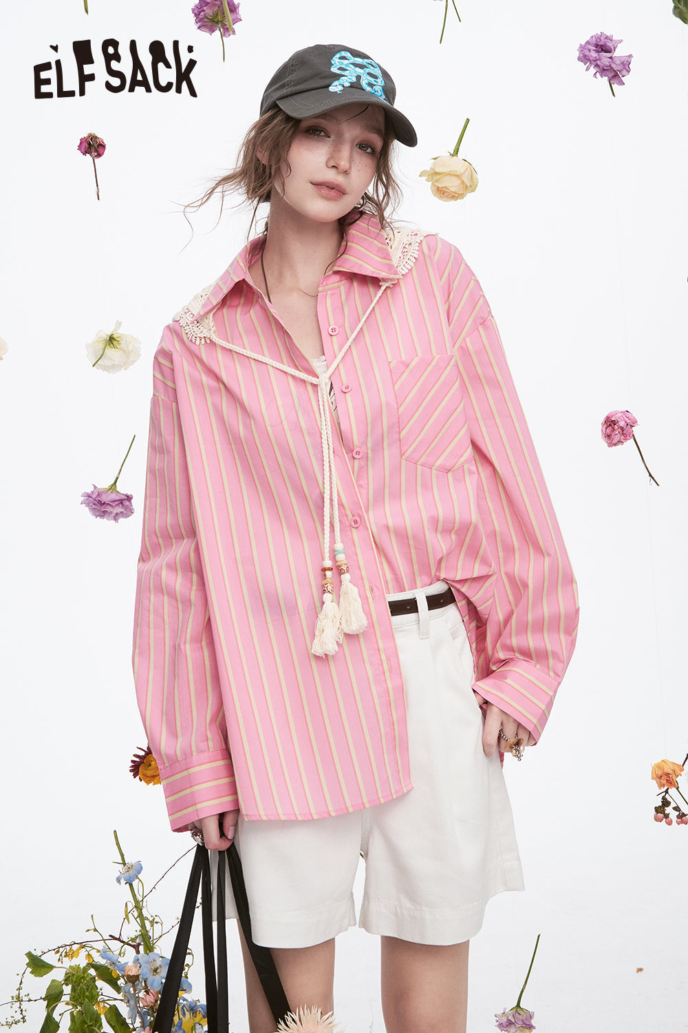 ELFSACK Y2K Dopamine Striped Long Sleeve Shirt Women Sweet Loose Knitted Lace-up Decorative Scarf Top