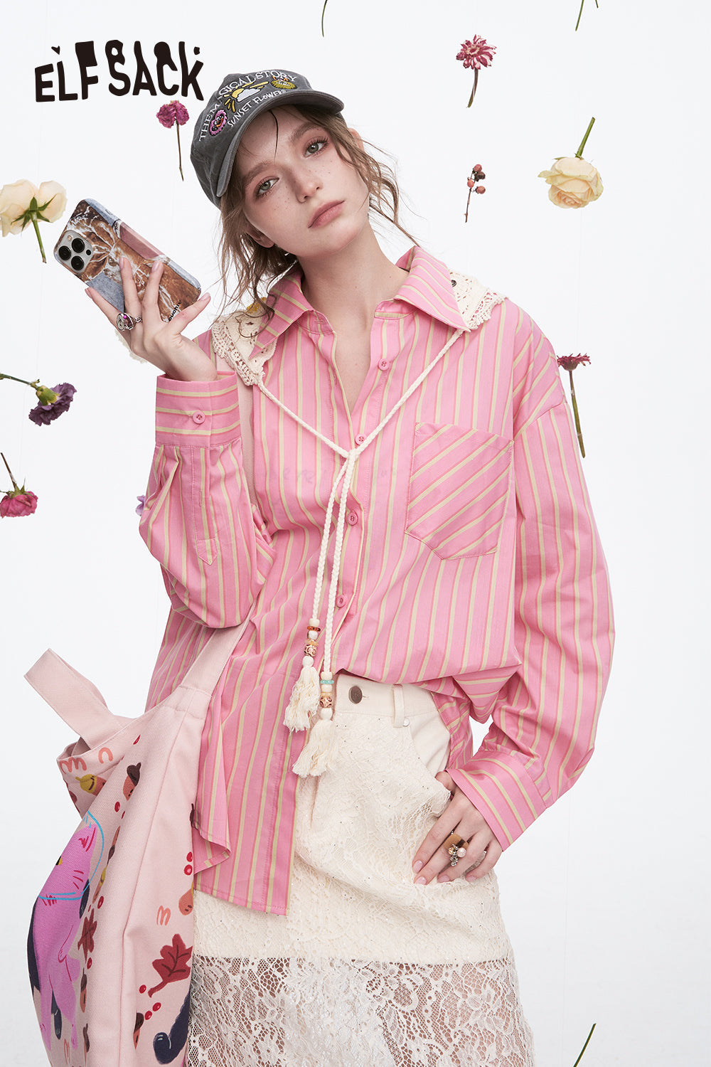 ELFSACK Y2K Dopamine Striped Long Sleeve Shirt Women Sweet Loose Knitted Lace-up Decorative Scarf Top