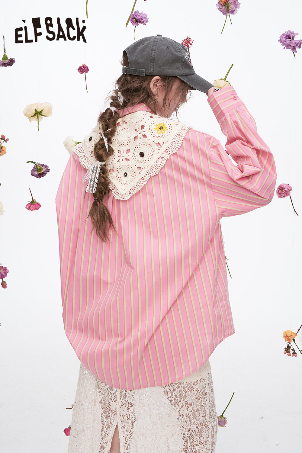 ELFSACK Y2K Dopamine Striped Long Sleeve Shirt Women Sweet Loose Knitted Lace-up Decorative Scarf Top