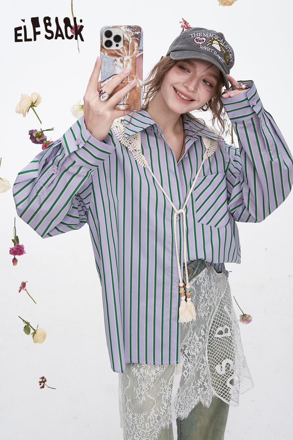 ELFSACK Y2K Dopamine Striped Long Sleeve Shirt Women Sweet Loose Knitted Lace-up Decorative Scarf Top
