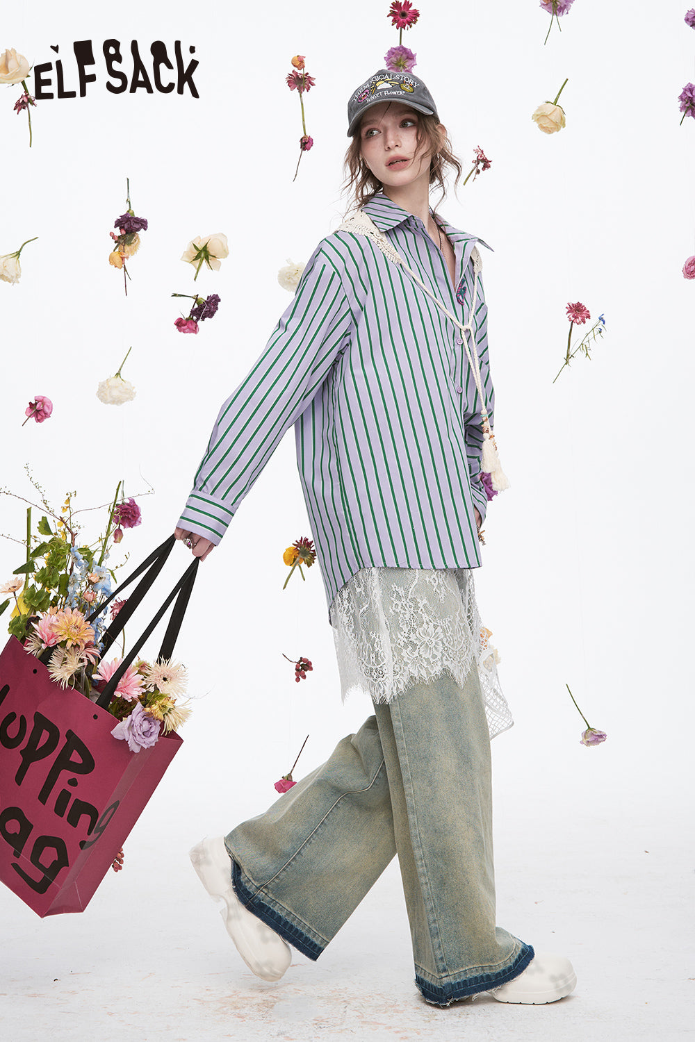 ELFSACK Y2K Dopamine Striped Long Sleeve Shirt Women Sweet Loose Knitted Lace-up Decorative Scarf Top