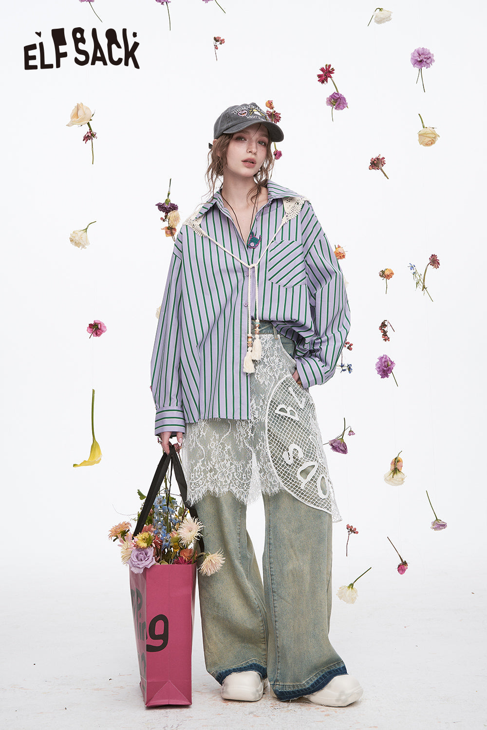 ELFSACK Y2K Dopamine Striped Long Sleeve Shirt Women Sweet Loose Knitted Lace-up Decorative Scarf Top