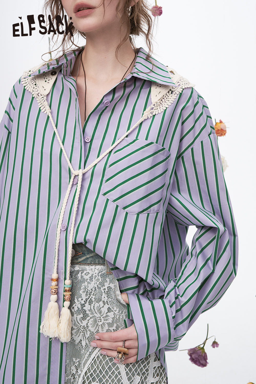 ELFSACK Y2K Dopamine Striped Long Sleeve Shirt Women Sweet Loose Knitted Lace-up Decorative Scarf Top