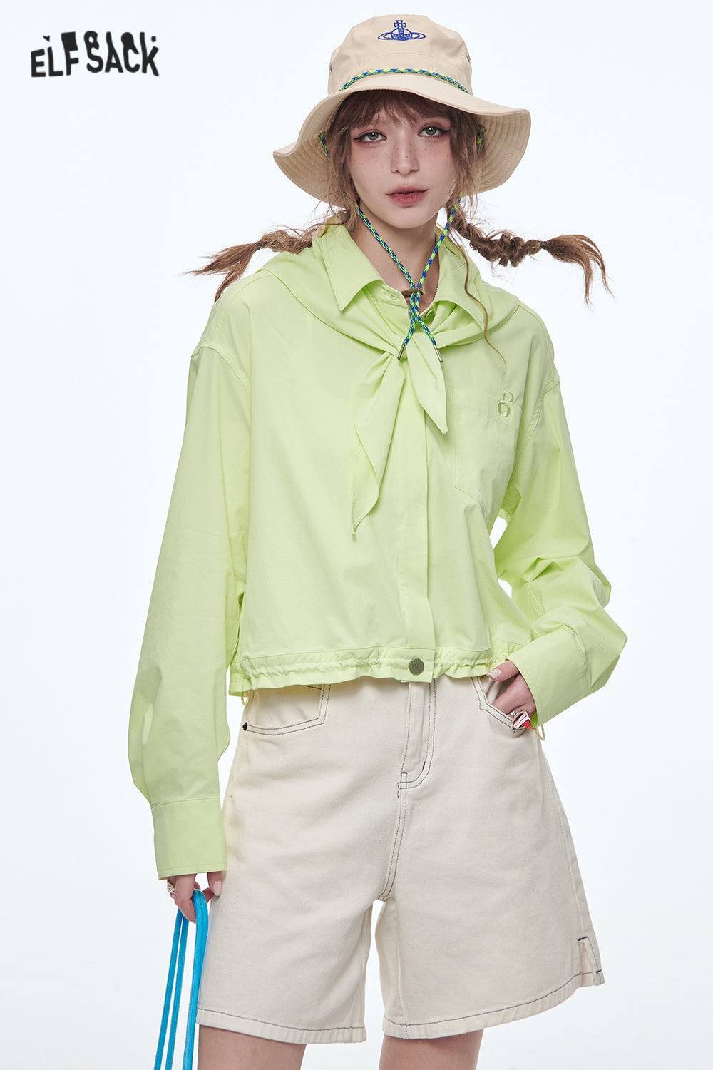 ELFSACK Sweet Green Embroidered Short Shirt Women's Drawstring Single Breasted Top