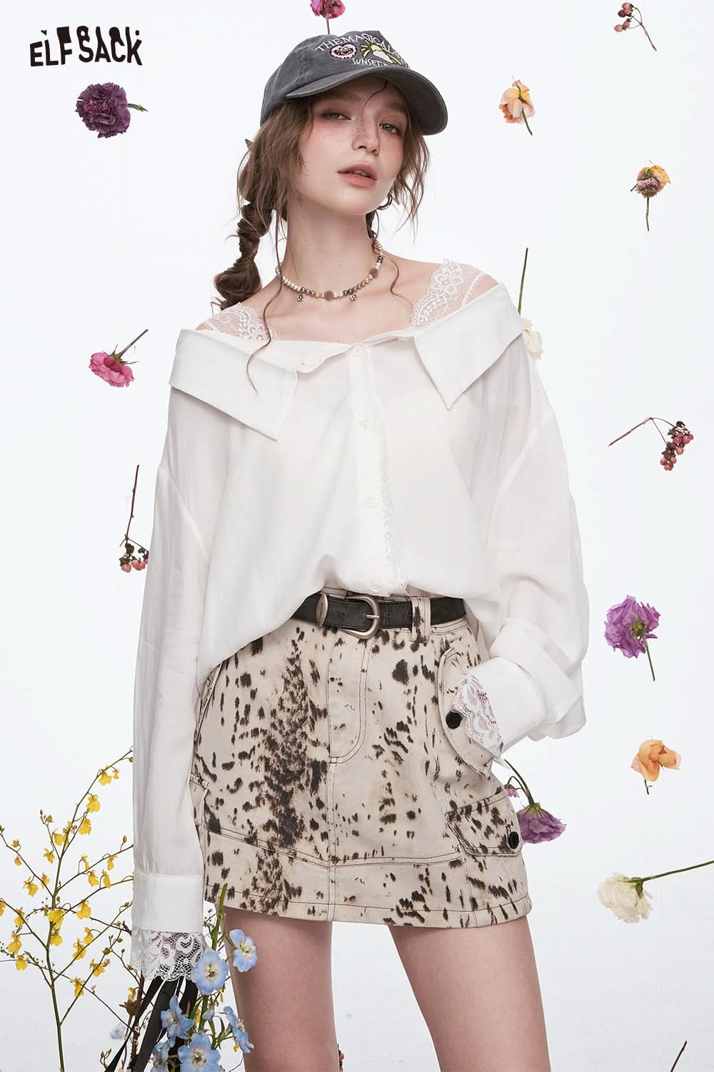 ELFSACK Y2K Lace Stitching White Off Shoulder Long Sleeve Shirt Women Slash Neck Single Breasted Top